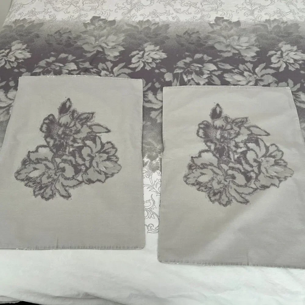 Tahari Home Queen Duvet Cover Set - 100% Cotton Grey and White Floral (3-Piece)